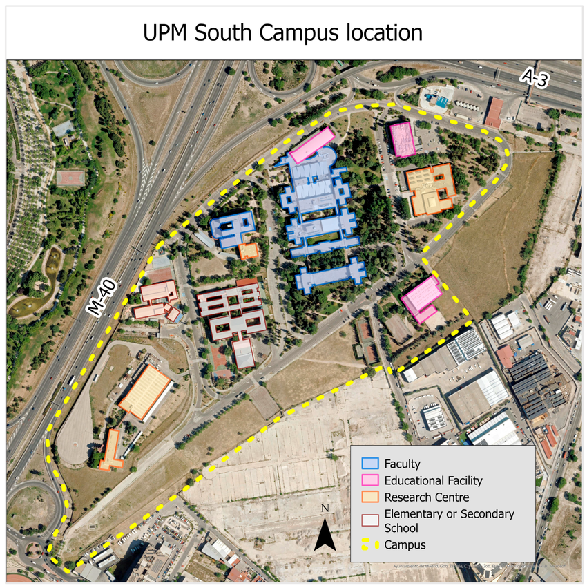Mapa del campus universitario, con clasificación de edificios y principales vías de acceso. Fuente de la ortofoto: Instituto Geográfico Nacional de España — acceso y distribución libre.