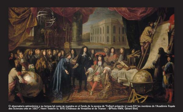 Colbert frente a Luis XIV con el Observatorio Astronómico y su terraza al fondo, cuadro de Henri Testelin..JPG