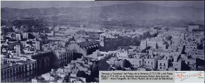 Terrazas y toratxes del Palau de la Virreina y del Palau Moja en la Rambla Barcelonesa.JPG